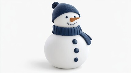 Cute Snowman Figure with Blue Hat and Scarf on White Background