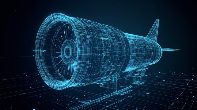 Detailed illustration of jet engine design in wireframe style. Starstream. Illustration