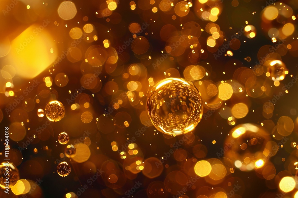 Poster golden bubbles floating, creating beautiful bokeh effect on dark background