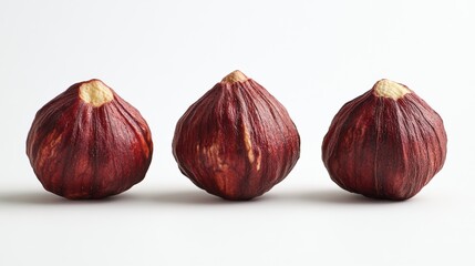 Obraz premium Fresh ripe chestnuts arranged in a row on a light background