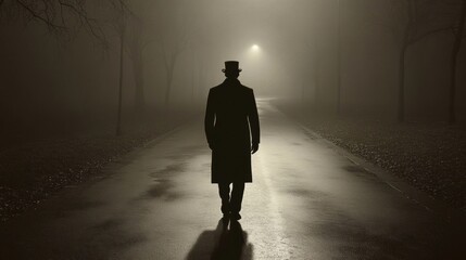 Obraz premium Mysterious Figure Walking Alone in a Foggy Street at Night