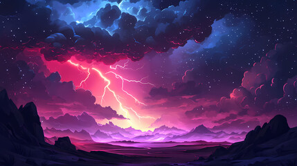 Dramatic dark storm clouds with lightning over a vast landscape. Starstream. Illustration