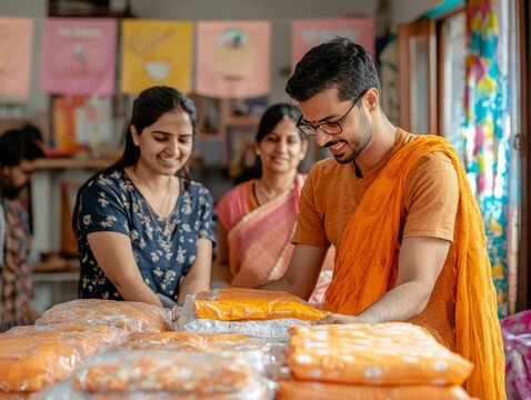 Indian Volunteers Organizing Donations in a Vibrant Community Center