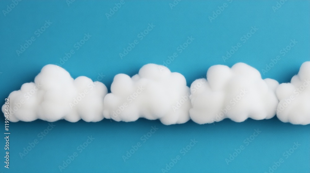 Poster cloud formations in a row: a minimalist composition captures a row of puffy white clouds against a v