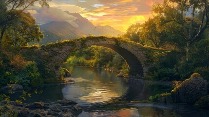 Ancient stone bridge over a tranquil river at sunset, framed by lush foliage and distant mountains