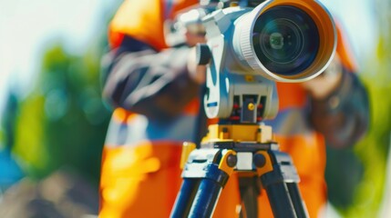 A close-up of a surveyor using a theodolite to measure land levels on a construction site, Land surveying scene, Geospatial analysis style
