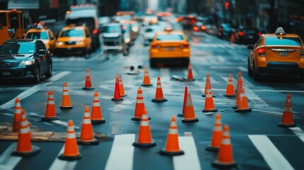 Obraz premium Wet street, traffic, numerous orange cones.