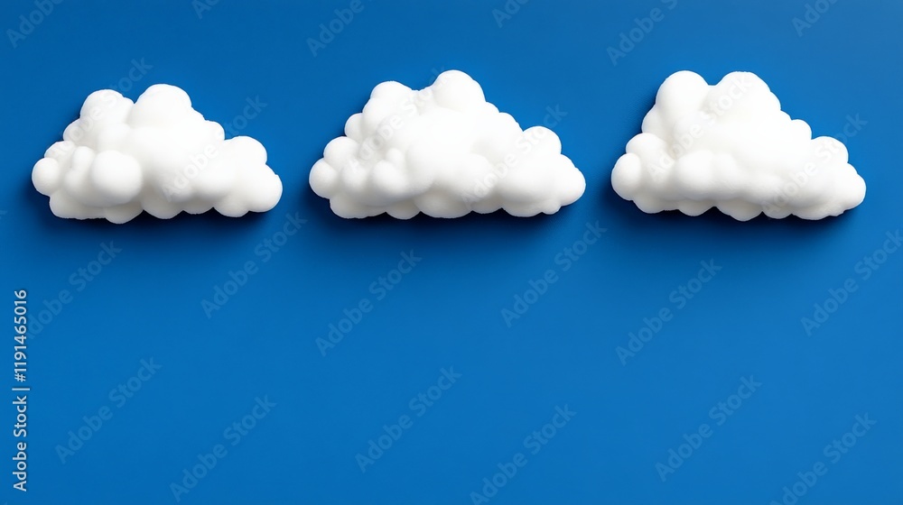 Poster floating clouds: three fluffy white clouds arranged in a row against a vibrant blue background, crea