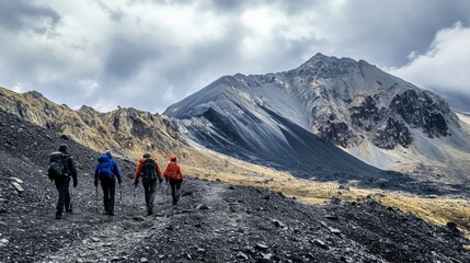 Fototapeta premium Hikers on Volcanic Mountain Path