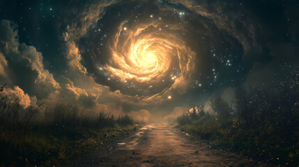 Dynamic swirl of hailstorm particles and dust energizing abandoned pathway. Starstream. Illustration
