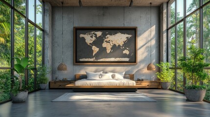 Modern bedroom interior with world map and lush greenery decor