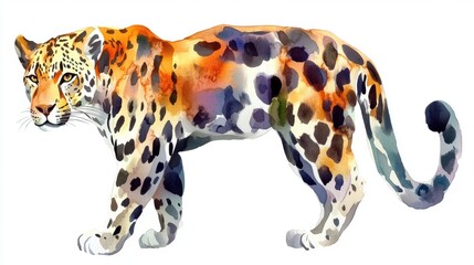 Colorful Watercolor Illustration of a Striped Leopard Walking