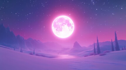 Naklejka premium Enchanting Night Landscape with Pink Moon and Starry Sky