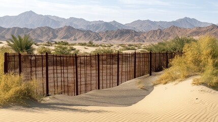 Desert Landscape with Fence and Mountains Under Clear Blue Sky