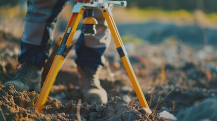 A close-up of a surveyor using a theodolite to measure land levels on a construction site, Land surveying scene, Geospatial analysis style