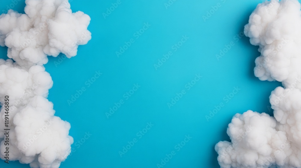 Poster cloud frame on blue: fluffy white clouds artfully arranged to create a frame on a vibrant blue backg