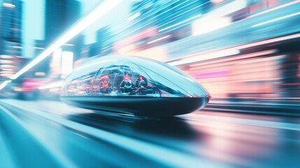 Obraz premium futuristic city with sleek glass one person vehicles, people wearing metallic clothes, slight motion blur effect