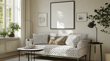 Modern Living Room with Polka Dot Sofa and Stylish Decor Elements