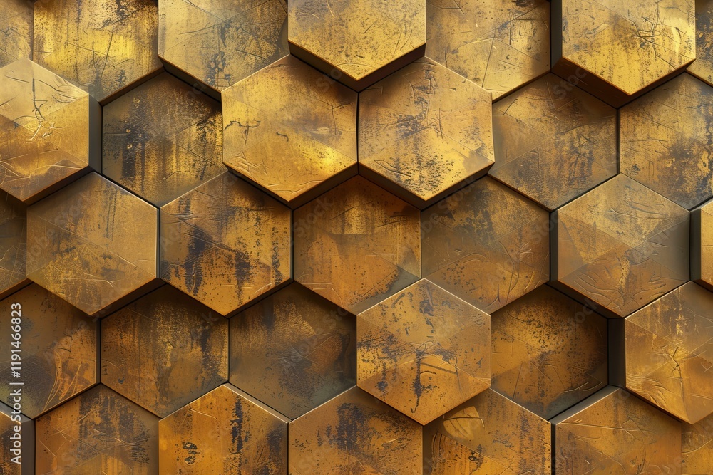 Poster golden hexagonal tiles form a textured and geometric wall, suitable for backgrounds and design eleme