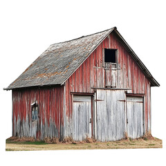 Naklejka premium Rustic Red Barn Old Weathered Wood Farm Building Exterior chic aged grey door roof rural house image