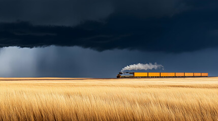 Fototapeta premium Freight train crossing prairie under stormy sky; dramatic weather backdrop for transport industry; use for travel or weather reporting