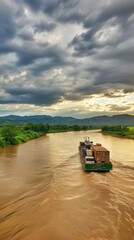 Cargo barge on river, sunset, mountains, rural landscape, transport