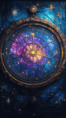 Obraz premium Leo zodiac sign against horoscope wheel. Astrology calendar. Esoteric horoscope and fortune telling concept
