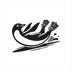 Penguin sliding on its belly silhouette vector illustration clipart black color design and solid white background 