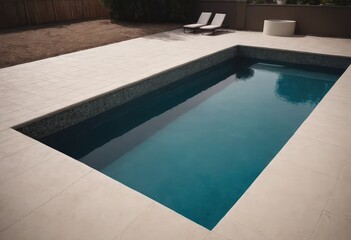 In the backyard, there is a large swimming pool that includes a bench