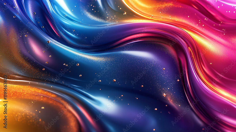 Poster a vibrant 3d abstract design featuring fluid wave-like shapes in a gradient spectrum of colors (blue