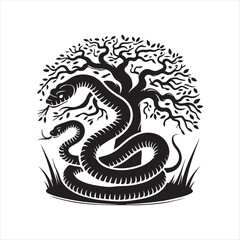Snake coiled around a tree  silhouette vector illustration clipart black color design and solid white background 