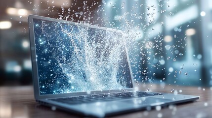 Water splashing from laptop screen.