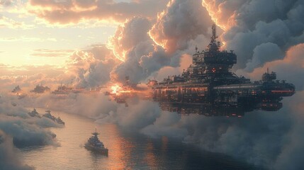 Sunset Fleet: A Sci-Fi Armada Soaring Above the Clouds