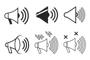 Minimalist speaker icons, black and white design, volume symbols, megaphone illustrations, sound wave indicators, simple geometric shapes, user interface elements, audio control pictograms, vector gra