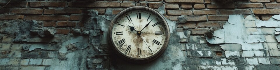 Vintage Clock on Crumbling Brick Wall in Abandoned Factory