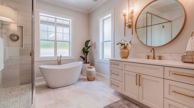A luxury bathroom featuring a freestanding bathtub, gold accents, and a large round mirror, with natural light, minimalism