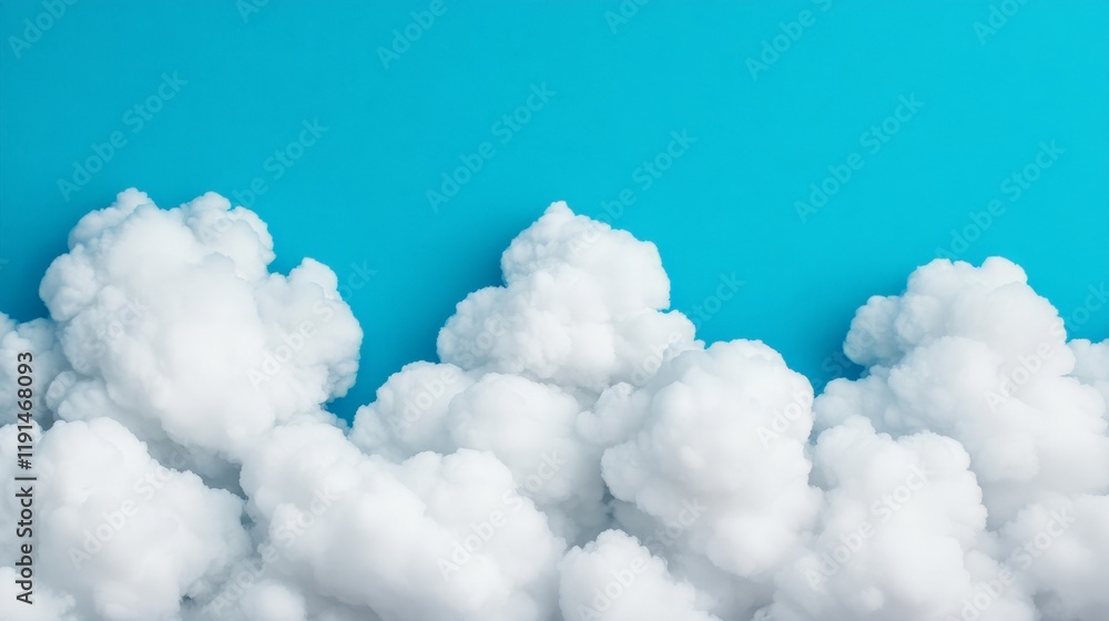 Poster cloudscape minimalism: a vibrant blue background is dominated by a row of fluffy white clouds, creat