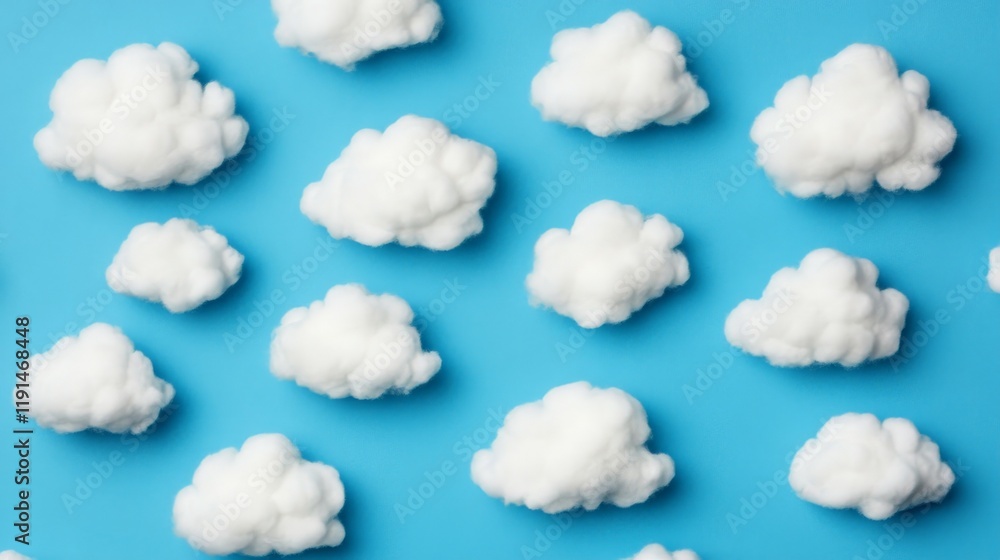 Poster cloudscape minimalism: a whimsical and abstract composition features fluffy white clouds arranged in