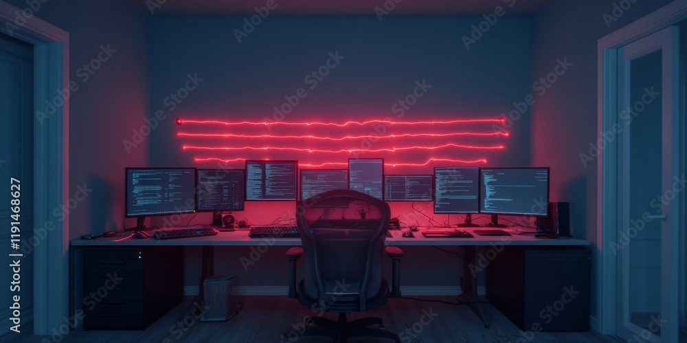 Poster Modern Futuristic Home Office Setup with Multi-Monitor Display and RGB Lighting