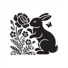 Bunny sniffing flower silhouette vector illustration clipart black color design and solid white background 