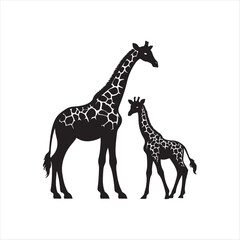 Baby giraffe next to its parent silhouette vector illustration clipart black color design and solid white background
