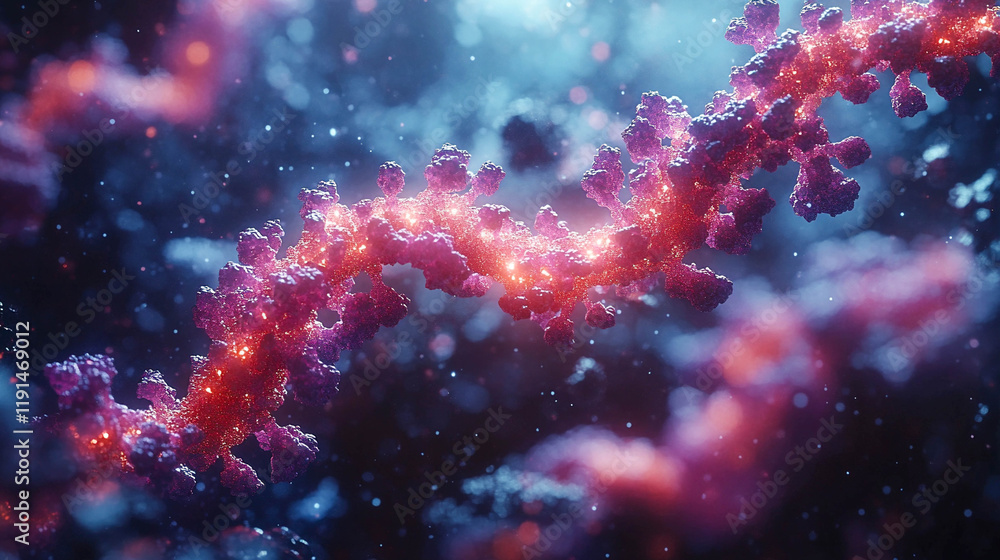 Poster a three-dimensional model of a molecule, stylized as a virus. the molecule has a spiral shape, consi