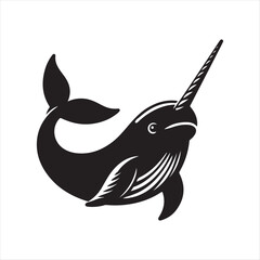 Narwhal with its tusk silhouette vector illustration clipart black color design and solid white background 