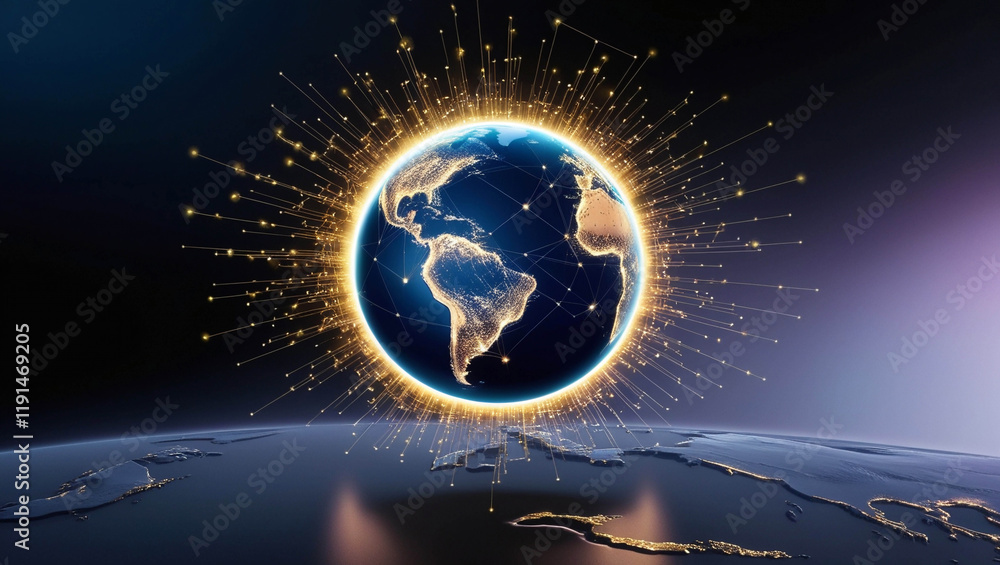 Poster the earth with a multitude of light rays emanating from it in all directions. the beams are similar 