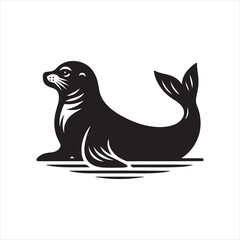 Walrus resting on ice silhouette vector illustration clipart black color design and solid white background 