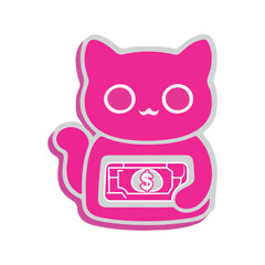 A cute pink cat holding a dollar bill in its paws, drawn in a simple, cartoony style with thick outlines and minimal detail