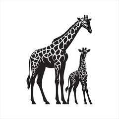 Fototapeta premium Baby giraffe next to its parent silhouette vector illustration clipart black color design and solid white background