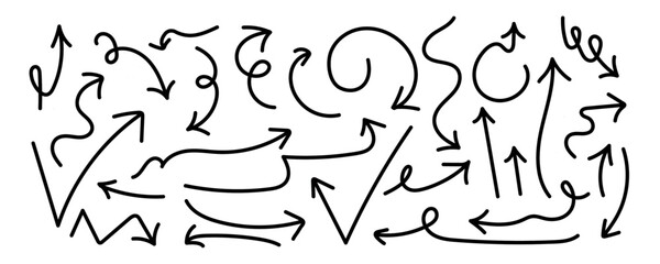 Vector illustration.Hand drawn grunge pencil brush sketch direction element. Simple black arrows hand drawn isolated on white background. Arrow mark icons and arrow paint.
