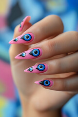 Naklejka premium a woman's hand with new nail art with pink circles, with blue evil eye inside