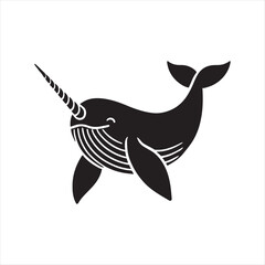 Narwhal with its tusk silhouette vector illustration clipart black color design and solid white background 